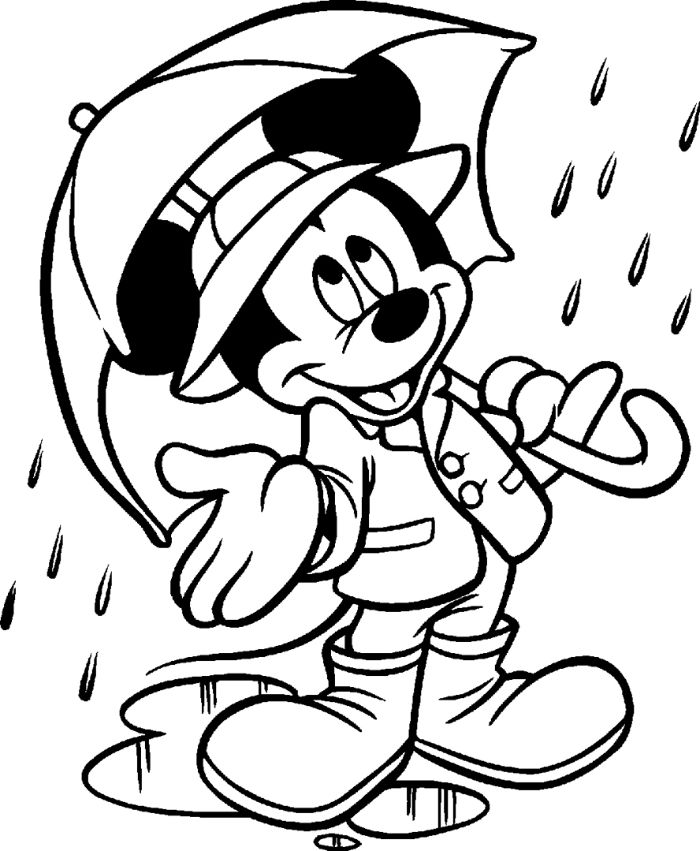 dessin mickey mouse avec parapluie, manteau et bottes, dessin disney à colorier à imprimer