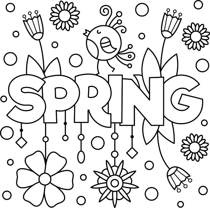 le mot printemps en anglais entouré de moif floraux et un oiseau, idee de coloriage de printemps maternelle