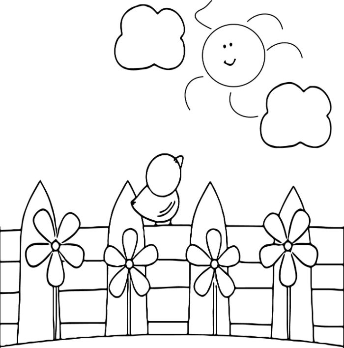 dessin bebe simple de palissade fleurie avec oiseau perché, soleil et nuages, dessin à colorier à imprimer