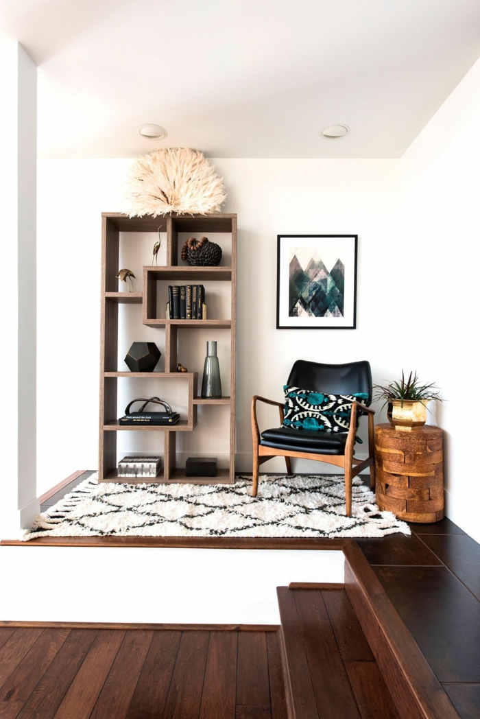 Meuble rangement bois, fauteuil noir cool aménagement studio 25m2 ikea, decoration interieur appartement
