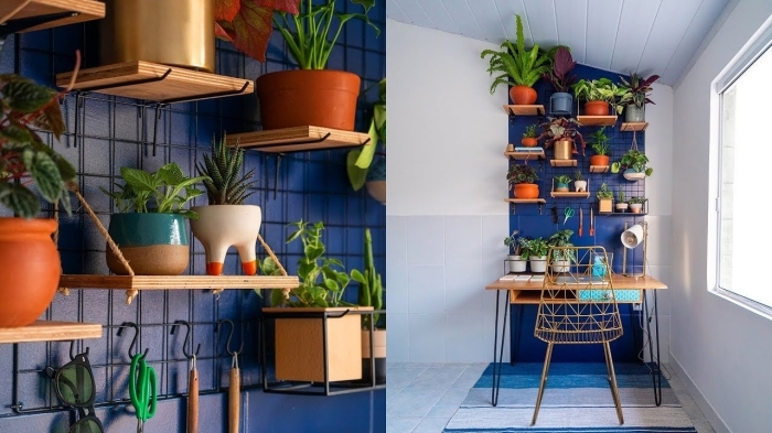 exemple comment bien aménager un petit coin de travail, décoration murale avec petites étagères en bois et plante suspendue