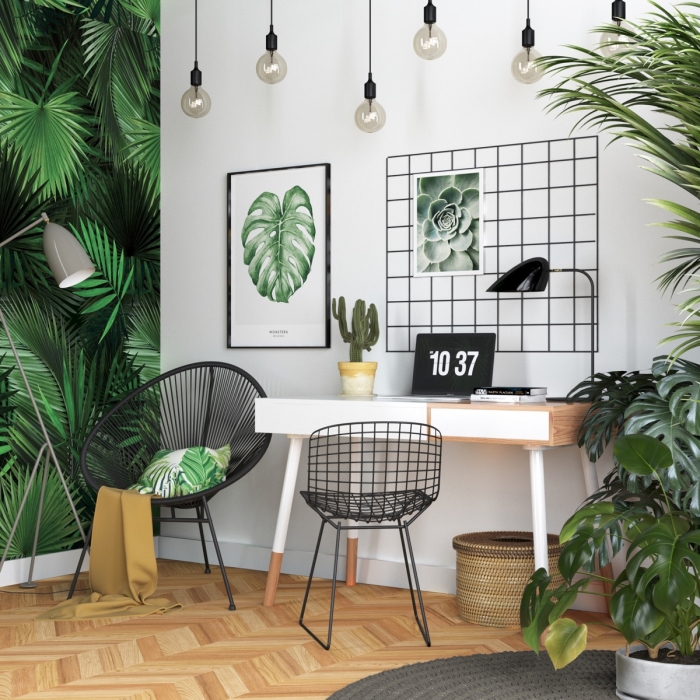 exemple comment décorer un coin de travail dans son salon de style exotique avec meubles en bois et plante tropicale