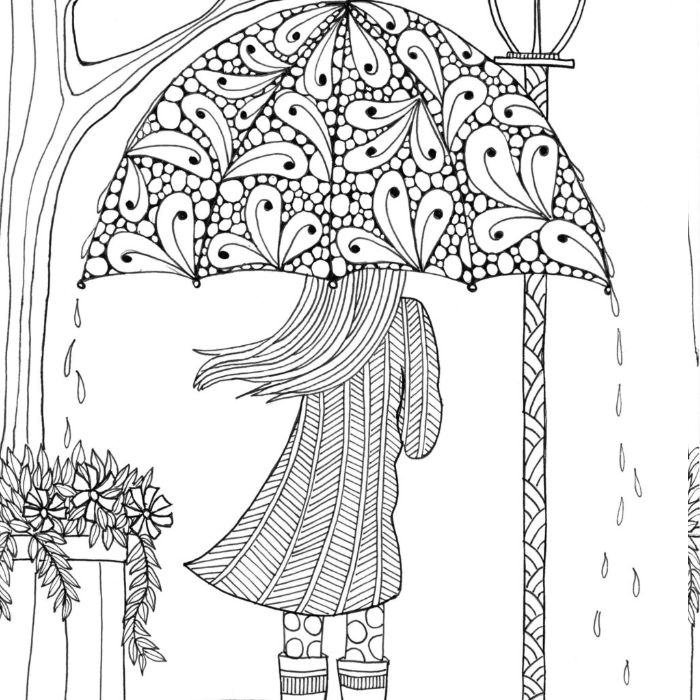 idee coloriage parapluie mandala doodle art et une fille en gilet, idee paysage pluvieux à colorier 