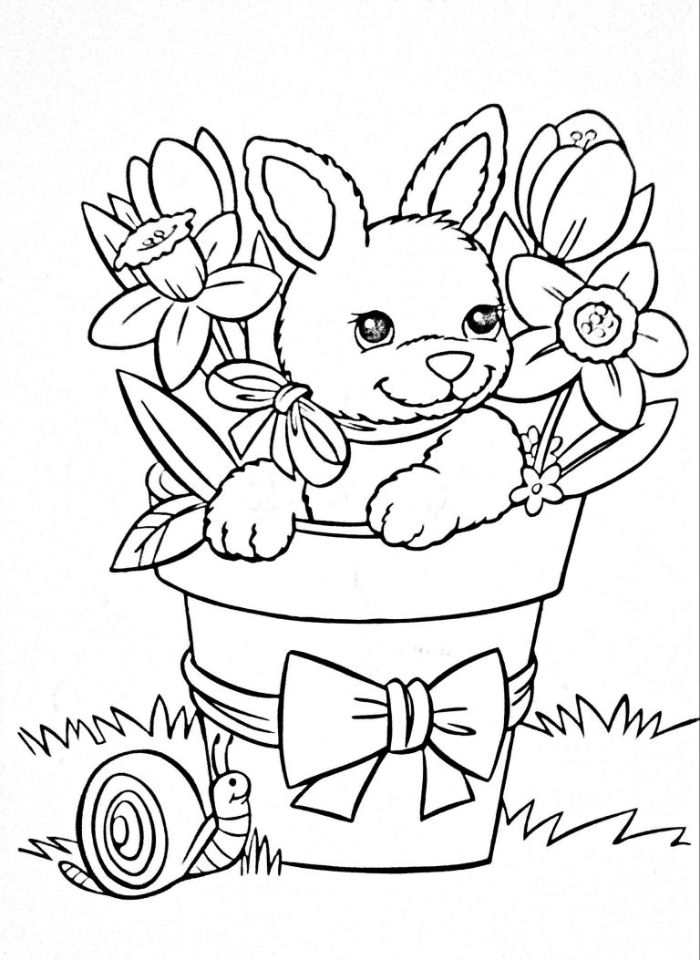 dessin de paques original, un lapin mignon dans un pot de fleur décoré d un ruban et des fleurs a l interieur