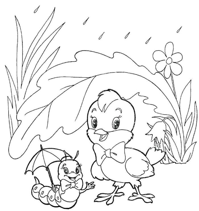dessin petit canard oiseau et chenille dans un pré, coloriage à imprimer facile a faire soi meme