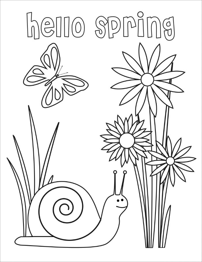 fleurs, papillon et limacon avec lettres bonjour printemps message, idee coloriage facile enfant