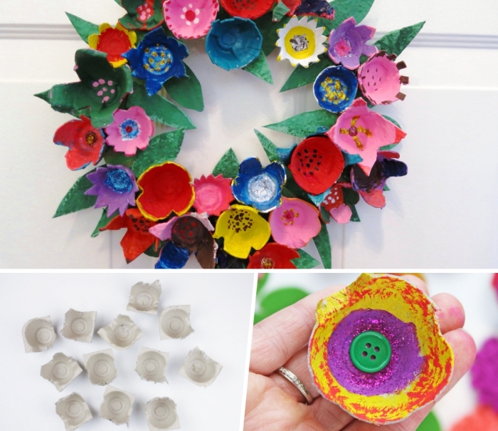 activités manuelles faciles pour printemps, exemple comment réaliser une couronne florale avec boîte d’œufs recyclée