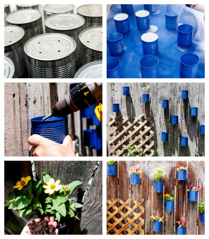 idee pour faire un mur vegetal et idee habillage mur exterieur avec des pots de fleurs diy en boite de conserve recyclée