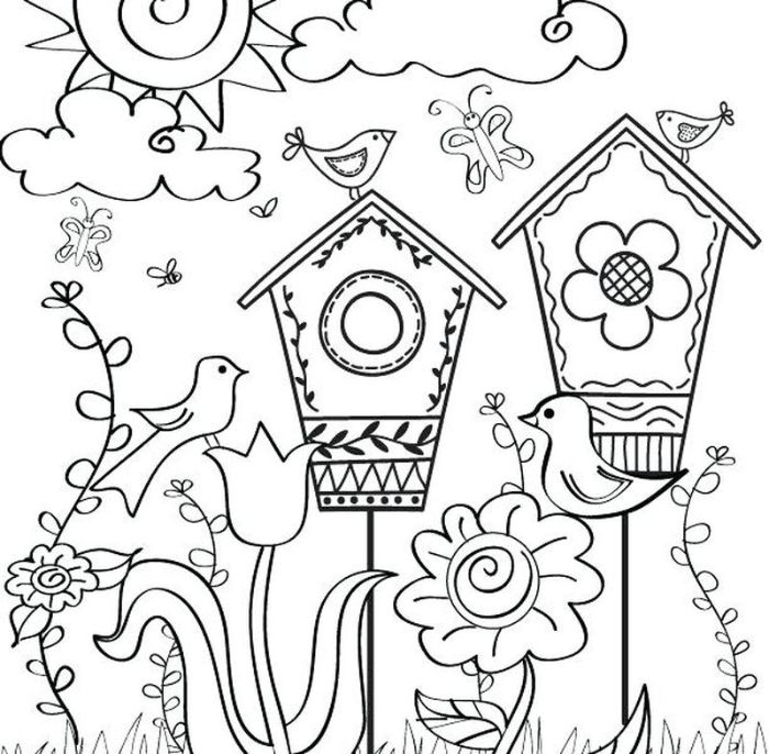 dessin cage d oiseau, soleil, fleurs et autres elements naturels, idee image dessin printemps simple