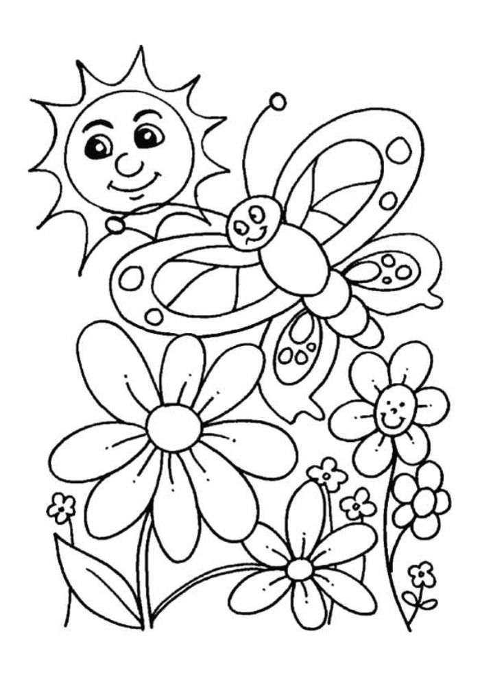 papillon, fleurs et soleil, idee dessin bebe, coloriage de printemps thematique pour enfant simple