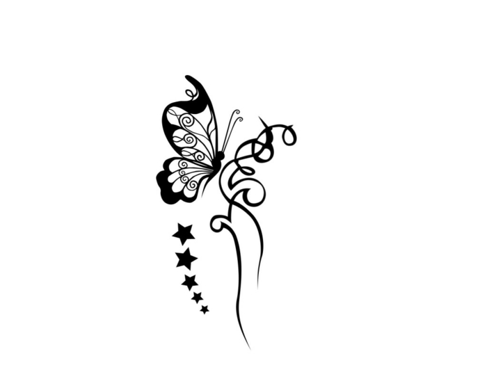 Dessin tatouage papillon et étoiles, coloriage papillon, dessin facile a faire et colorier apres simple