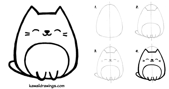 idée pour réaliser un dessin de chat mignon, tutoriel facile avec traits de repère pour faire un chat kawaii au crayon