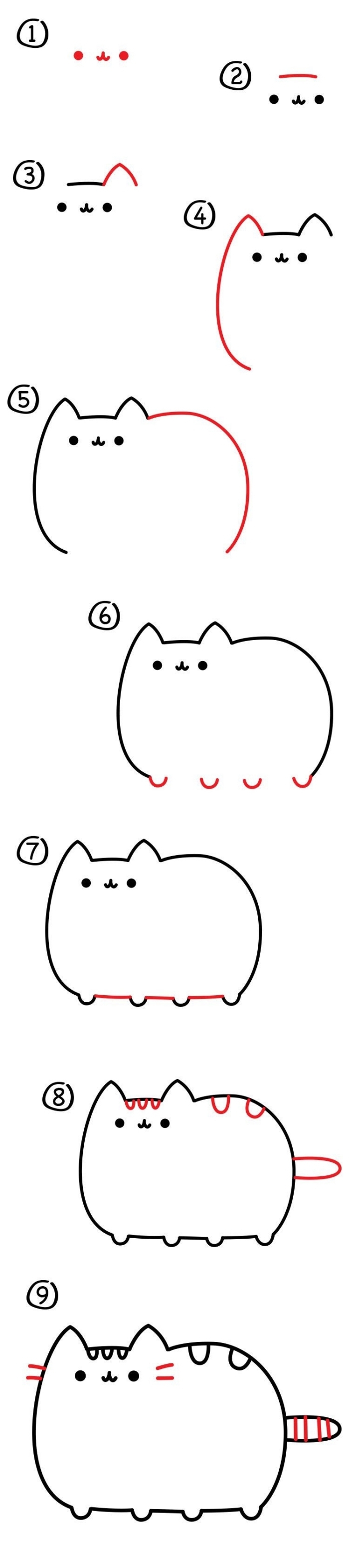 pas à pas détaillé pour réaliser un dessin chat kawaii mignon, apprendre aux enfants de dessiner facilement au crayon