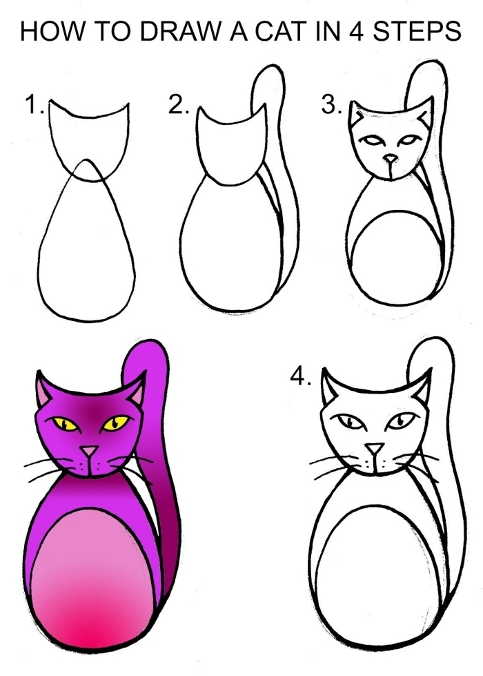apprendre à faire un dessin facile chat en 4 étapes faciles, comment dessiner le corps et la tête de chat avec formes géométriques