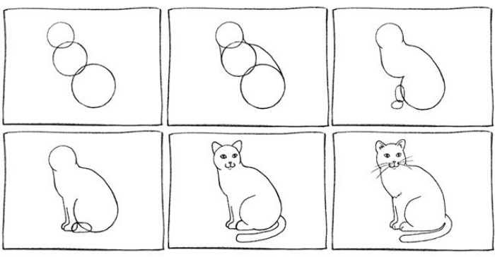 étapes à suivre pour faire un dessin chat noir et blanc au crayon, pas à pas pour dessiner un chat assis avec formes géométriques