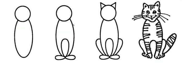 comment faire un dessin d'animal pour enfants, idée de dessin de chat facile a reproduire en seulement 4 étapes