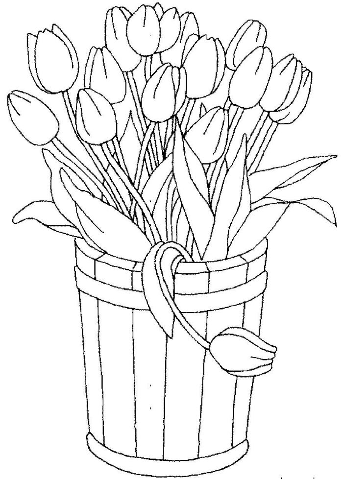 un bac en bois fleurie de bouquet de tulipes, idees dessin a colorier a imprimer facile