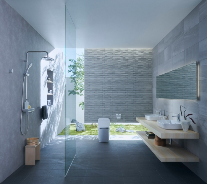 idée déco salle de bain spacieuse avec douche, design salle de bain contemporaine en couleurs neutres blanc et gris