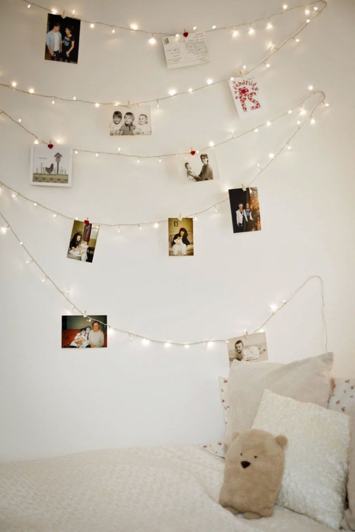 idée comment décorer les murs dans une pièce enfant avec objets DIY et à petit budget, guirlande lumineuse interieur