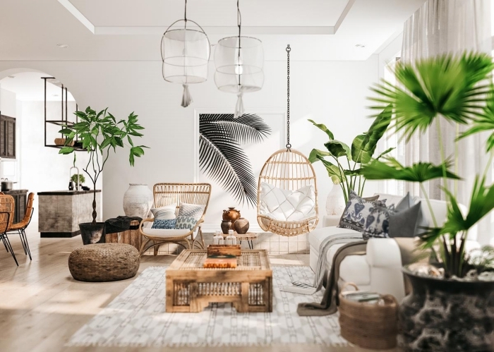 design salon en rotin moderne en couleurs terreuses avec palmier d'intérieur, comment décorer une pièce boho moderne