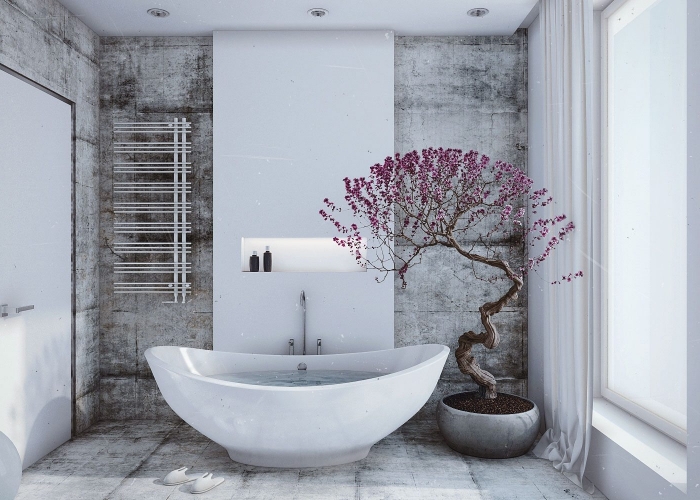 modèle de baignoire japonaise blanche, quelles couleurs pour une déco de salle de bain style asiatique, plantes pour salle de bain