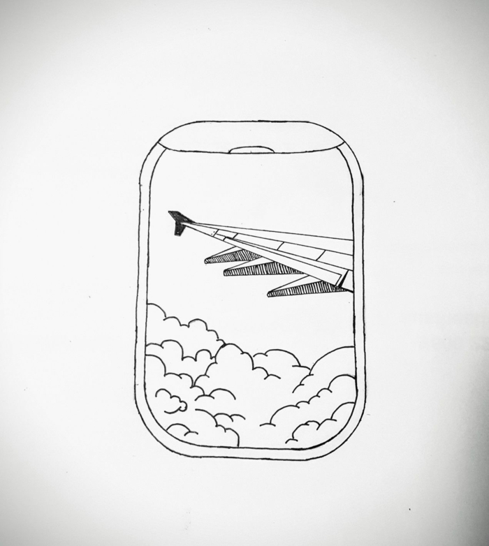 Fenetre de avion dessin luc vue nuages, apprendre a dessiner, dessin au crayon les plus belles images