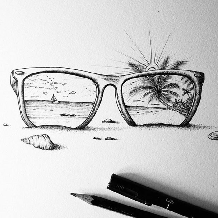 Lunettes de soleil vue de la plage, cool idée dessin noir et blanc, idées dessin crayon simplicité dans les esquisses
