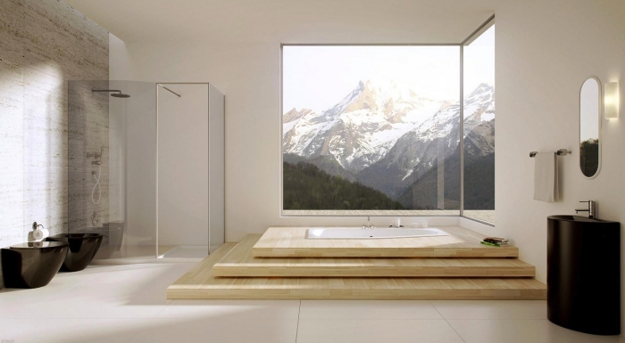 idée comment intégrer une petite baignoire moderne dans une salle de bain aménagée de style minimaliste et japonais