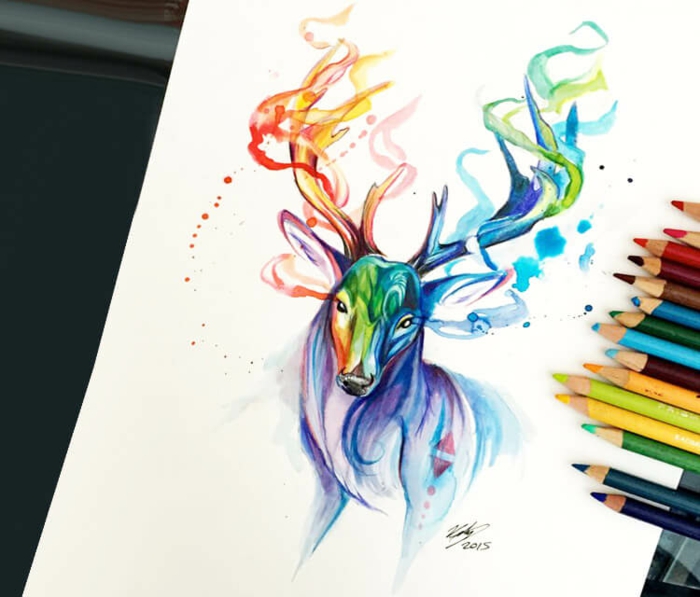 Cerf coloré comment bien dessiner, chouette idée pour apprendre a dessiner crayons couleur 