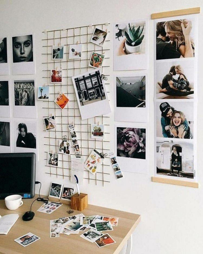 Rangement photo bureau à la maison, comment décorer sa chambre, idée déco diy accroche photo bricolage