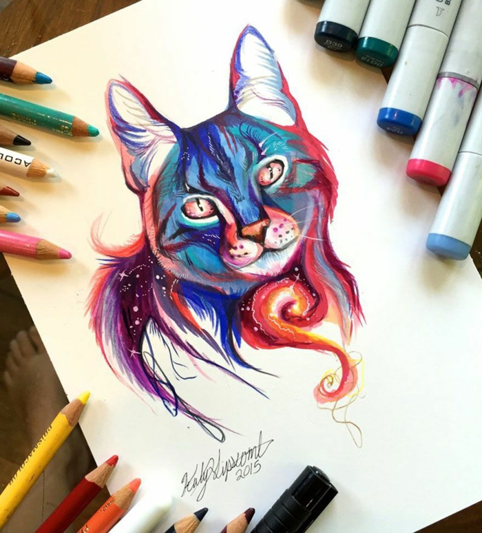 Beau chat avec crayons colorés Image dessin au crayon, dessin difficile a reproduire mais art