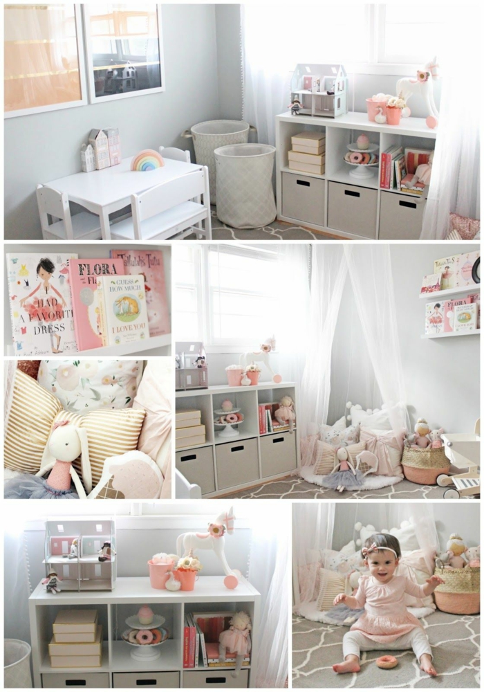 Fille bébé collage images avec les différents coins de sa chambre, inspiration chambre fille rose et gris, peinture chambre fille simple style