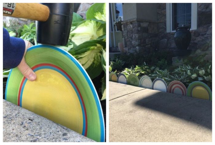 que faire avec vieille vaisselle colorée, idee bordure jardin recup en assiettes colorées plantées dans le sol