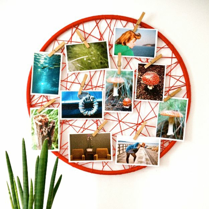 Ronde cadre pele mele décoré de fil rouge, mur photo, coeur en photo, cosy chambre à décorer bien