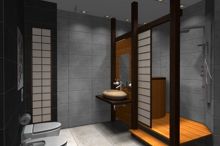 conception moderne dans une salle de bain aux murs gris avec accents en bois, déco petite salle de bain avec bain japonais