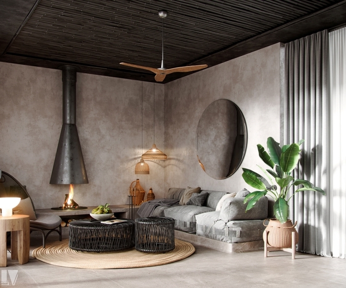 conception moderne avec accents en gris foncé et noirs, design salon contemporain en gris et beige avec suspension rotin