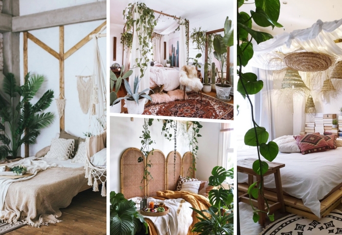 idée déco chambre nature avec meubles en bois et accessoires en rotin, quelles plantes pour décorer une chambre exotique