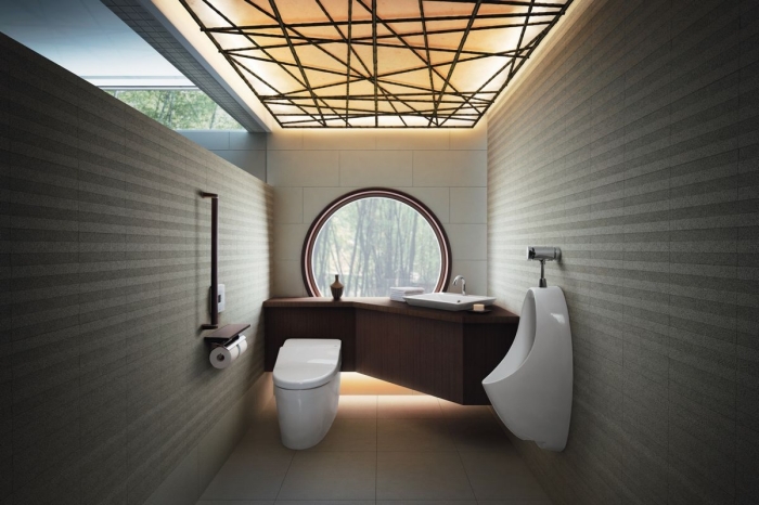 aménagement petite salle de bain contemporaine, conception salle de bain moderne aux murs gris avec accents bois foncé