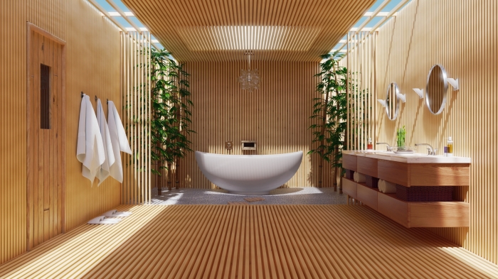 aménagement salle de bain spacieuse avec double vasque et baignoire, design salle de bain zen et relax en bois et blanc