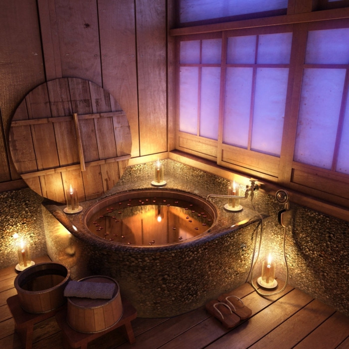 exemple de salle de bain zen décoré avec accessoires en bois, quel revêtement mural pour une déco salle de bain asiatique