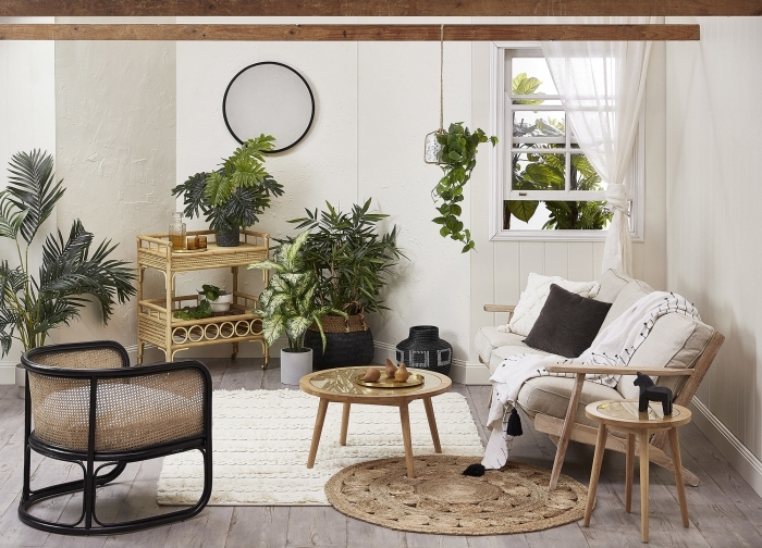 exemple comment aménager une petite salon avec meubles en bois et étagère rotin, quelles plantes exotiques d'intérieur