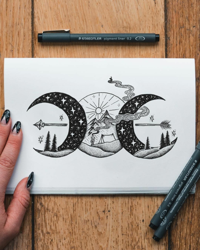 Idée de dessin à se faire tatouer crayon à papier, dessin facile a faire etape par etape paysages dans cardes lune et sol