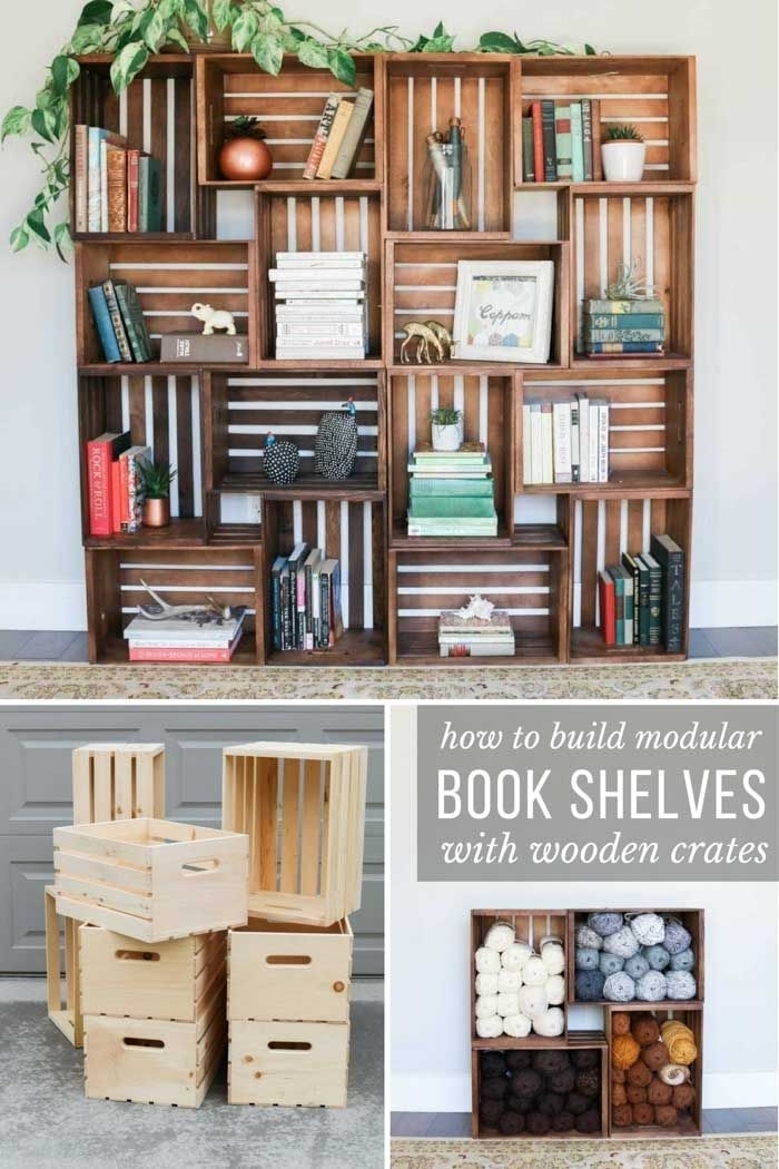 modèle de bibliothèque maison facile et à petit budget, comment créer une bibliothèque avec cagettes de bois recyclées