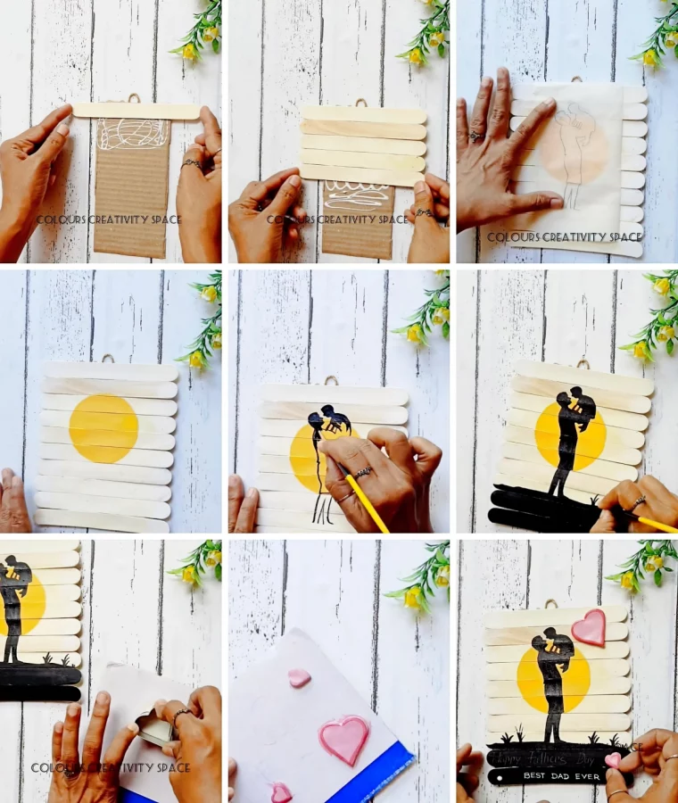 diy tableau decoratif avec batons de glace peinture acrylique silhouette pere enfant