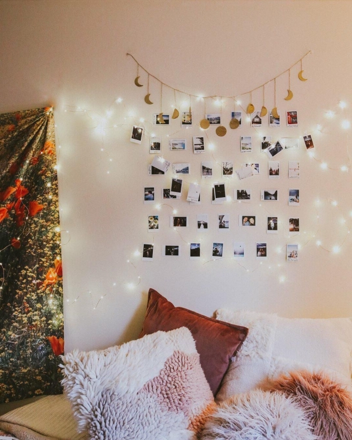 exemple comment décorer le mur au-dessus de son lit avec une guirlande lumineuse interieur personnalisée de photos