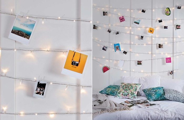 exemple facile comment créer une guirlande photo avec lampes led, idée de décoration DIY avec photos pour les murs dans une pièce