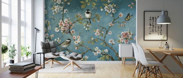 Papier peinte décorations murales branche fleurie avec un petit oiseau salon bien aménagé