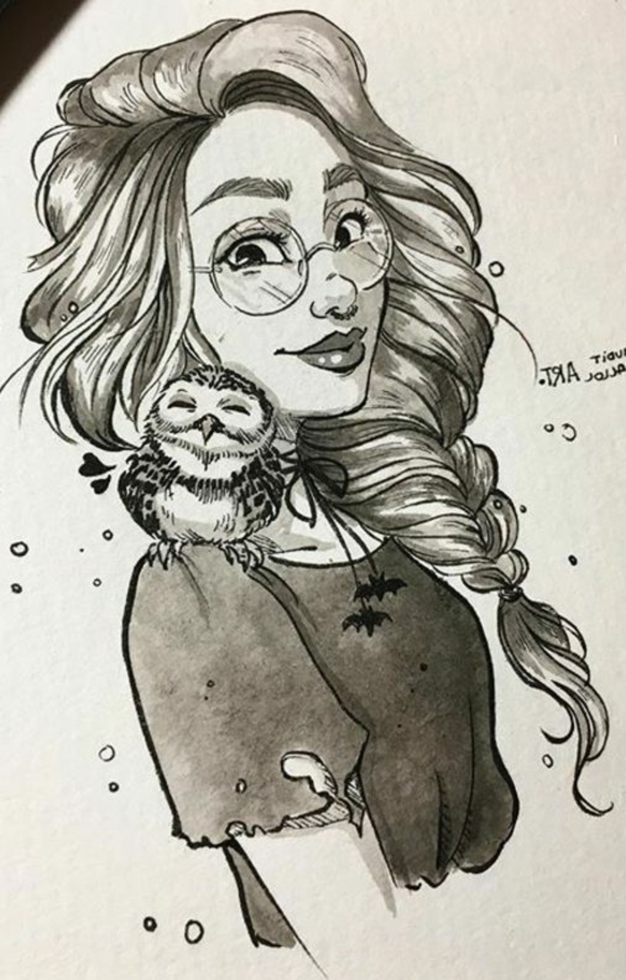 Portrait de fille lunettes harry potter hibou sur l'épaule, comment dessiner une fille avec cheveux longs en tresse