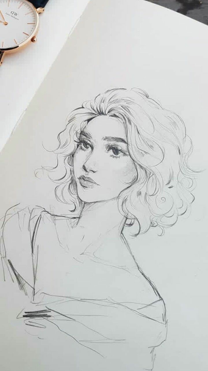 Belle femme cheveux mi-longs bouclés, dessin noir et blanc, idée dessin crayon simplicité dans les esquisses