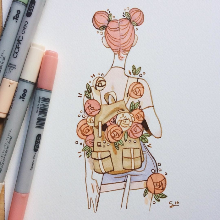 Cool dessin fille a couleurs, dessin facile a faire comment apprendre a dessiner sac a dos plein de fleurs